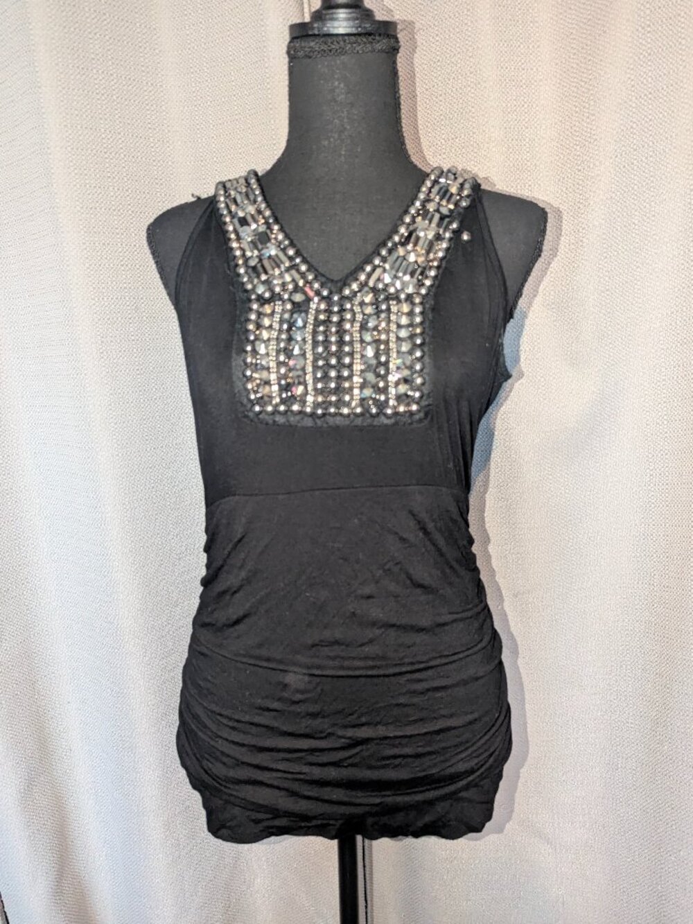 MCM Black Tank Top with Silver Beaded V-Panel